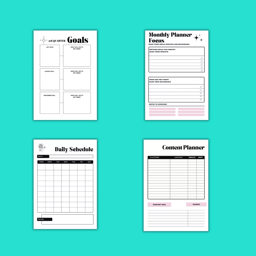 time blocking writing planner for novelists showing monthly focus and goals