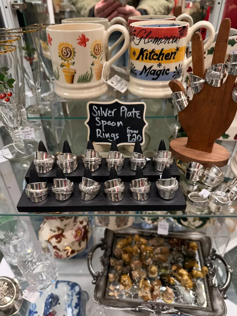 Silver-plate spoon rings for sale at Antiques on High, Bowness